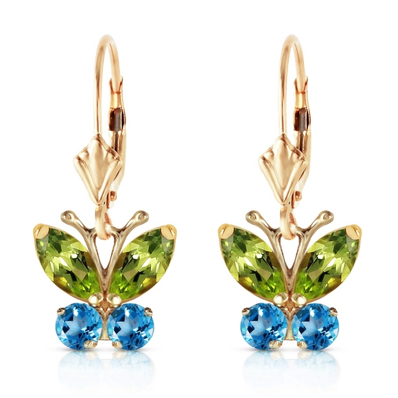14K. GOLD BUTTERFLY EARRING PERIDOT & BLUE TOPAZ